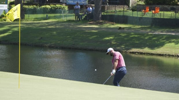 Aug 14, 2022; Memphis, Tennessee, USA; Jon Rahm plays a chip shot during the final round of the FedEx St. Jude Championship golf tournament at TPC Southwind. Mandatory Credit: David Yeazell-USA TODAY Sports